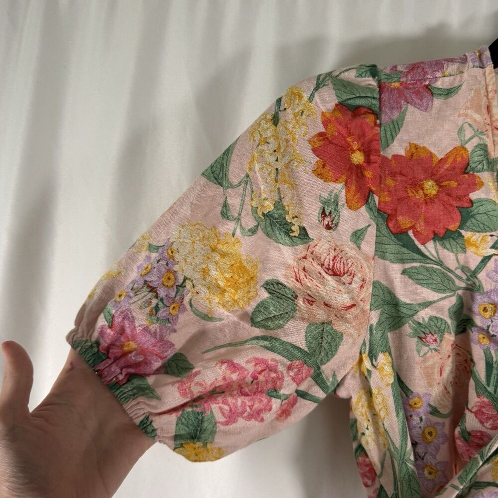 Old Navy Linen Blend Maxi Dress Women's Small Pink Floral Wrap Top Puff Sleeve - Picture 6 of 9